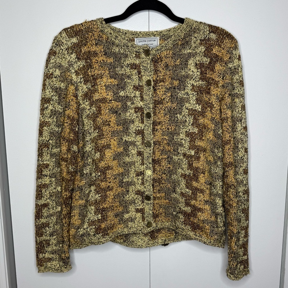 South Cotton Hand Knit Sweater Cardigan Brown Gold - Small